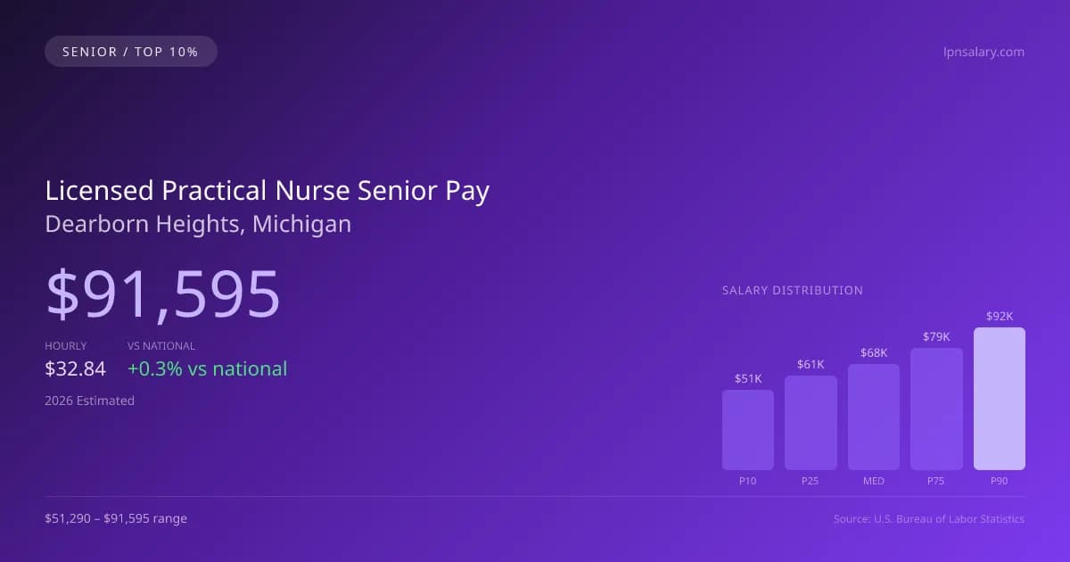 Licensed Practical Nurse Senior Salary in Dearborn Heights, MI — 2026 est., based on 2025 BLS