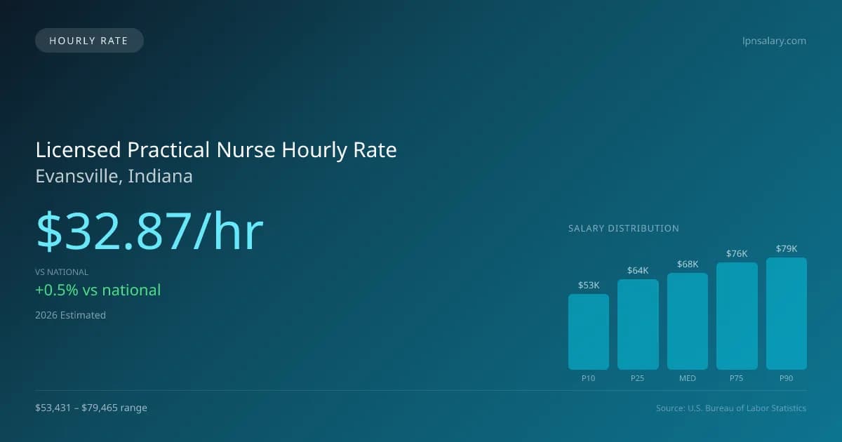 Licensed Practical Nurse Hourly Rate in Evansville, IN — 2026 est., based on 2025 BLS