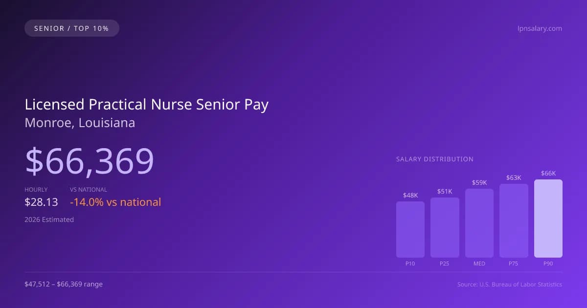 Licensed Practical Nurse Senior Salary in Monroe, LA — 2026 est., based on 2025 BLS